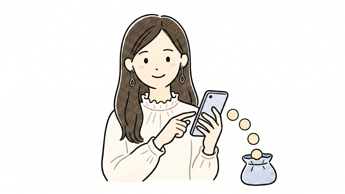 スマートフォンを操作して小さなポイントを一つずつ集めるNさんのイメージ