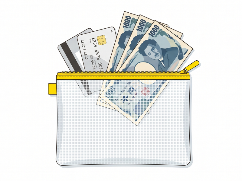 薄型のB6ポーチに、クレジットカード2枚とレシートが入っているイメージ図