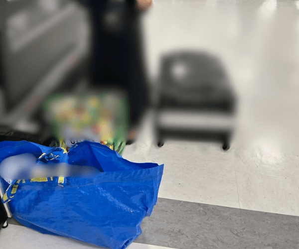 スーツケースの荷物を移し替えたイケアの袋